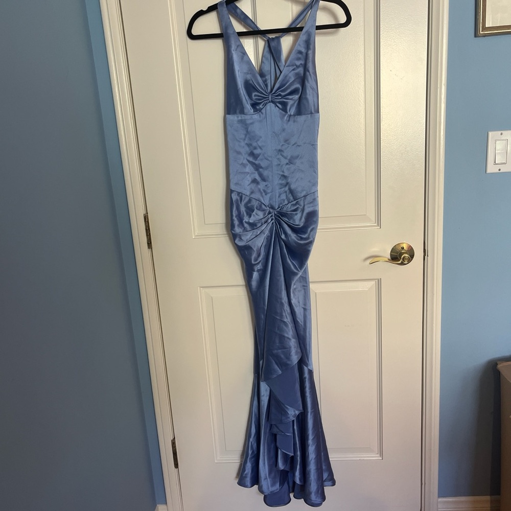 Blue silky evening dress